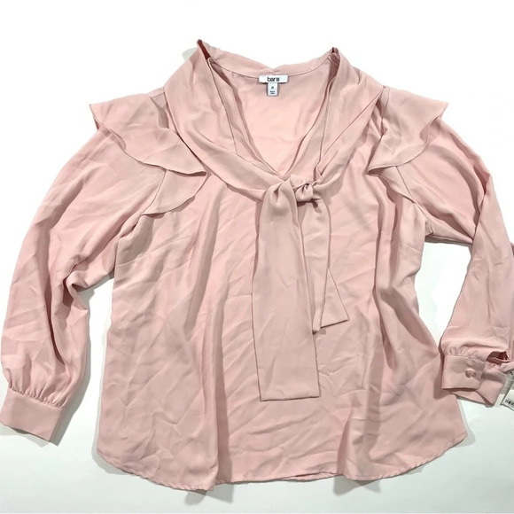 New Bar III Plus Long Sleeve Tie Neck Blouse Ruffle Shoulder - Picture 2 of 7